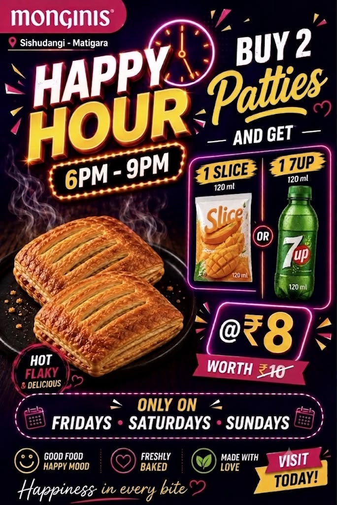 Happy Hour poster: buy 2 patties and get a Slice or 7Up at ₹8